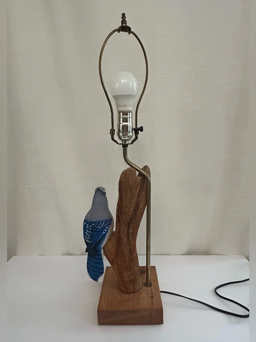 Likely Vintage Driftwood and Bluebird Maximalist Statue Working Lamp